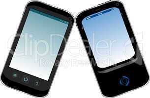 Two mobile smartphones with blank blue screen isolated on white