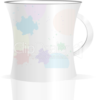 Used creamy coffee mug with blots on white background