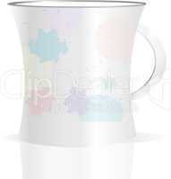 Used creamy coffee mug with blots on white background