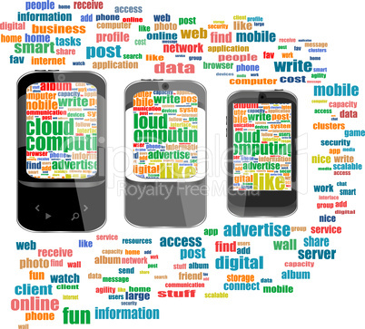 Touchscreen smart phone with social word cloud isolated on white background