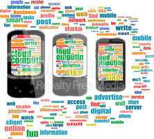 Touchscreen smart phone with social word cloud isolated on white background