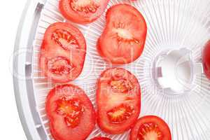 Fresh tomato on food dehydrator tray