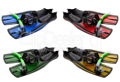 Set of multicolored mask, snorkel and flippers with water drops