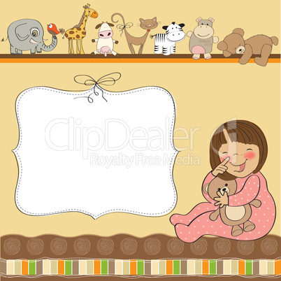 new baby girl announcement card with girl and her toy