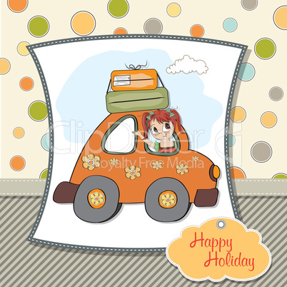 happy woman going on holiday by car happy woman going on holiday by car