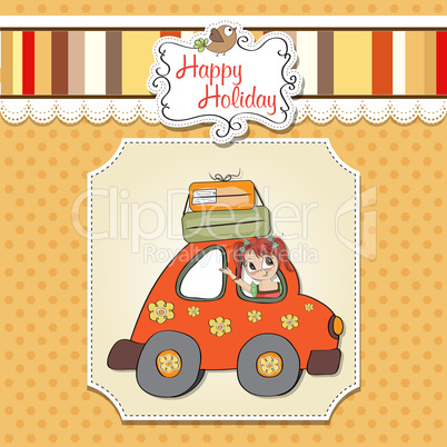 happy woman going on holiday by car