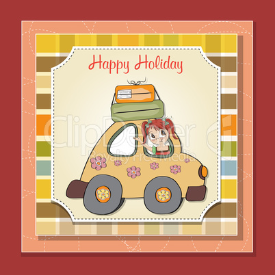 happy woman going on holiday by car