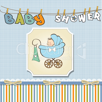 baby boy announcement card with baby and pram