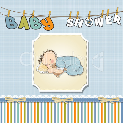 baby shower card with little baby boy sleep with his teddy bear