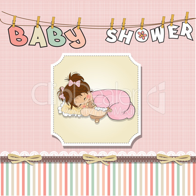 baby shower card with little baby girl play with her teddy bear