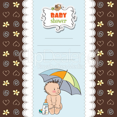 baby boy shower card with funny baby under his umbrella