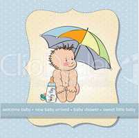 baby boy shower card with funny baby under his umbrella