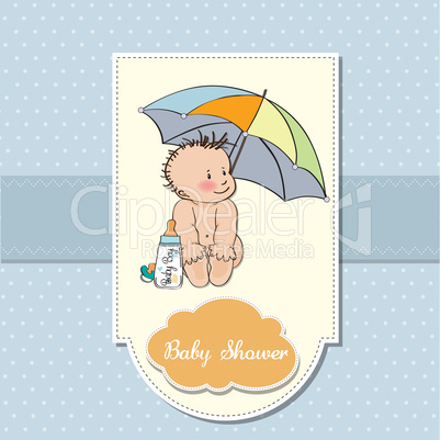 baby boy shower card with funny baby under his umbrella