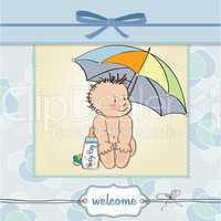 baby boy shower card with funny baby under his umbrella