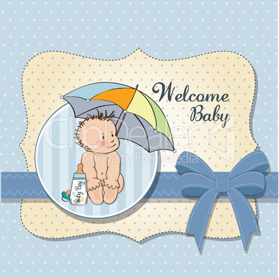 baby boy shower card with funny baby under his umbrella