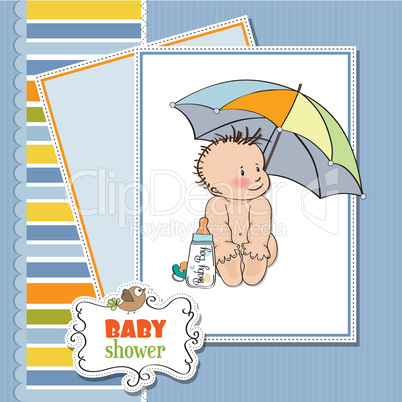 baby boy shower card with funny baby under his umbrella