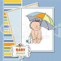 baby boy shower card with funny baby under his umbrella