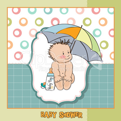 baby boy shower card with funny baby under his umbrella