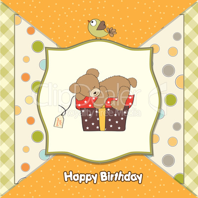 birthday greeting card with teddy bear and big gift box