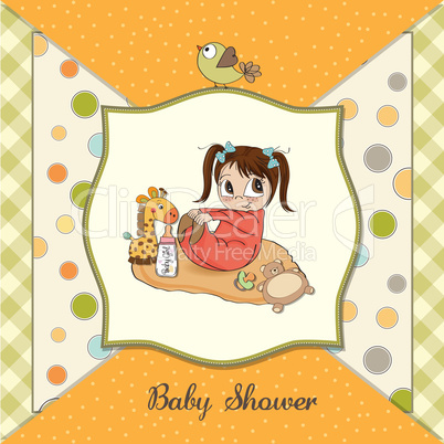 little baby girl play with her toys. baby shower card