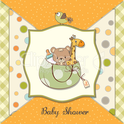 new baby announcement card with bag and same toys