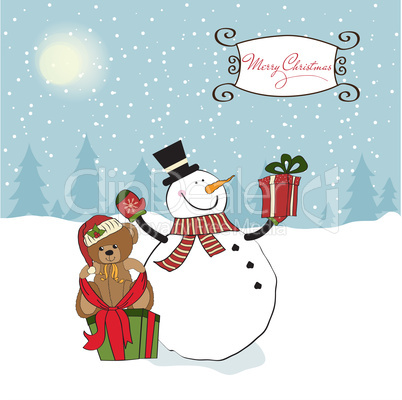 Christmas greeting card with snowman