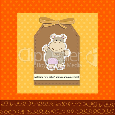 childish baby girl announcement card with hippo toy