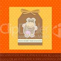 childish baby girl announcement card with hippo toy