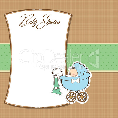 baby boy announcement card with baby and pram