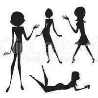 three cute fashion girls, black and white vector illustration is