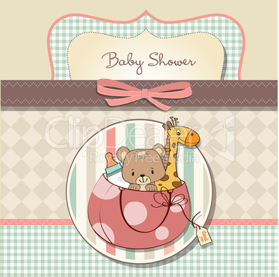 new baby announcement card with bag and same toys