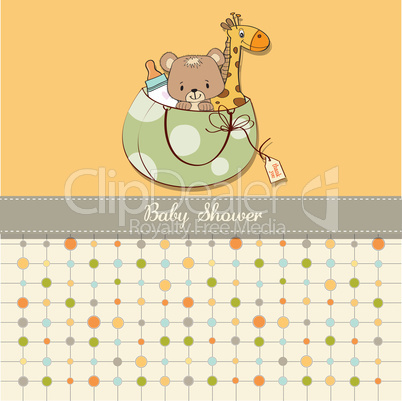 new baby announcement card with bag and same toys