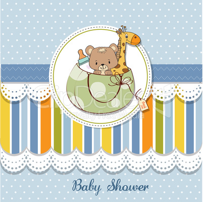 new baby announcement card with bag and same toys