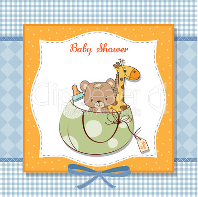 new baby announcement card with bag and same toys