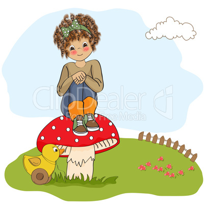 pretty young girl sitting on a mushroom