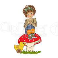 pretty young girl sitting on a mushroom