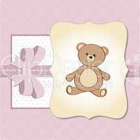 romantic baby girl announcement card with teddy bear