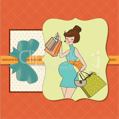 baby announcement card with beautiful pregnant woman on shopping