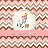 new baby girl announcement card with milk bottle and pacifier