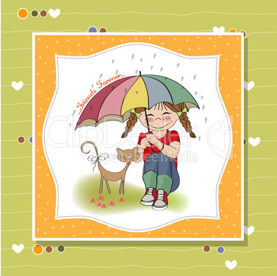 young pretty girl and her cat, friendship card