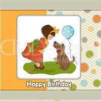 young girl and her dog in a wonderful birthday greeting card