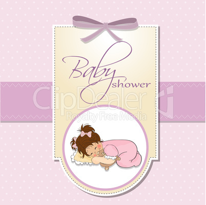 baby shower card with little baby girl play with her teddy bear toy