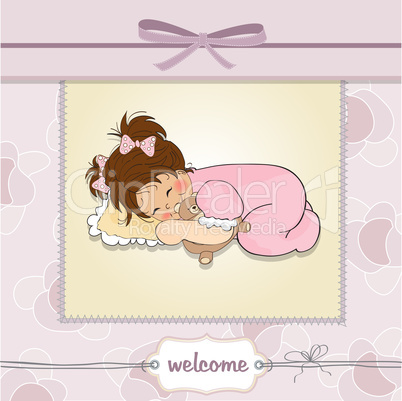 baby shower card with little baby girl play with her teddy bear