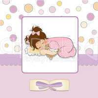 baby shower card with little baby girl play with her teddy bear