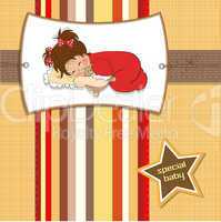 baby shower card with little baby girl play with her teddy bear