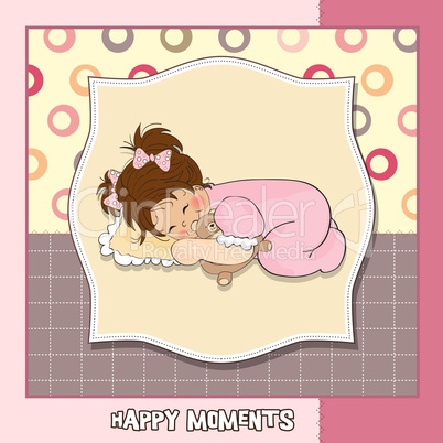 baby shower card with little baby girl play with her teddy bear