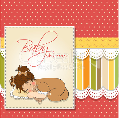 baby shower card with little baby girl play with her teddy bear