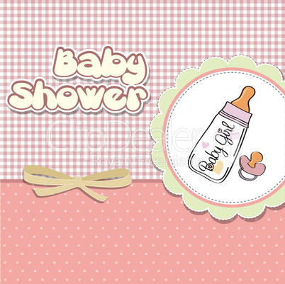 new baby girl announcement card with milk bottle and pacifier