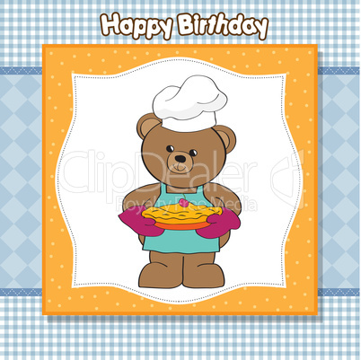 teddy bear with pie. birthday greeting card