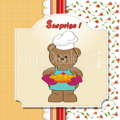 teddy bear with pie. birthday greeting card